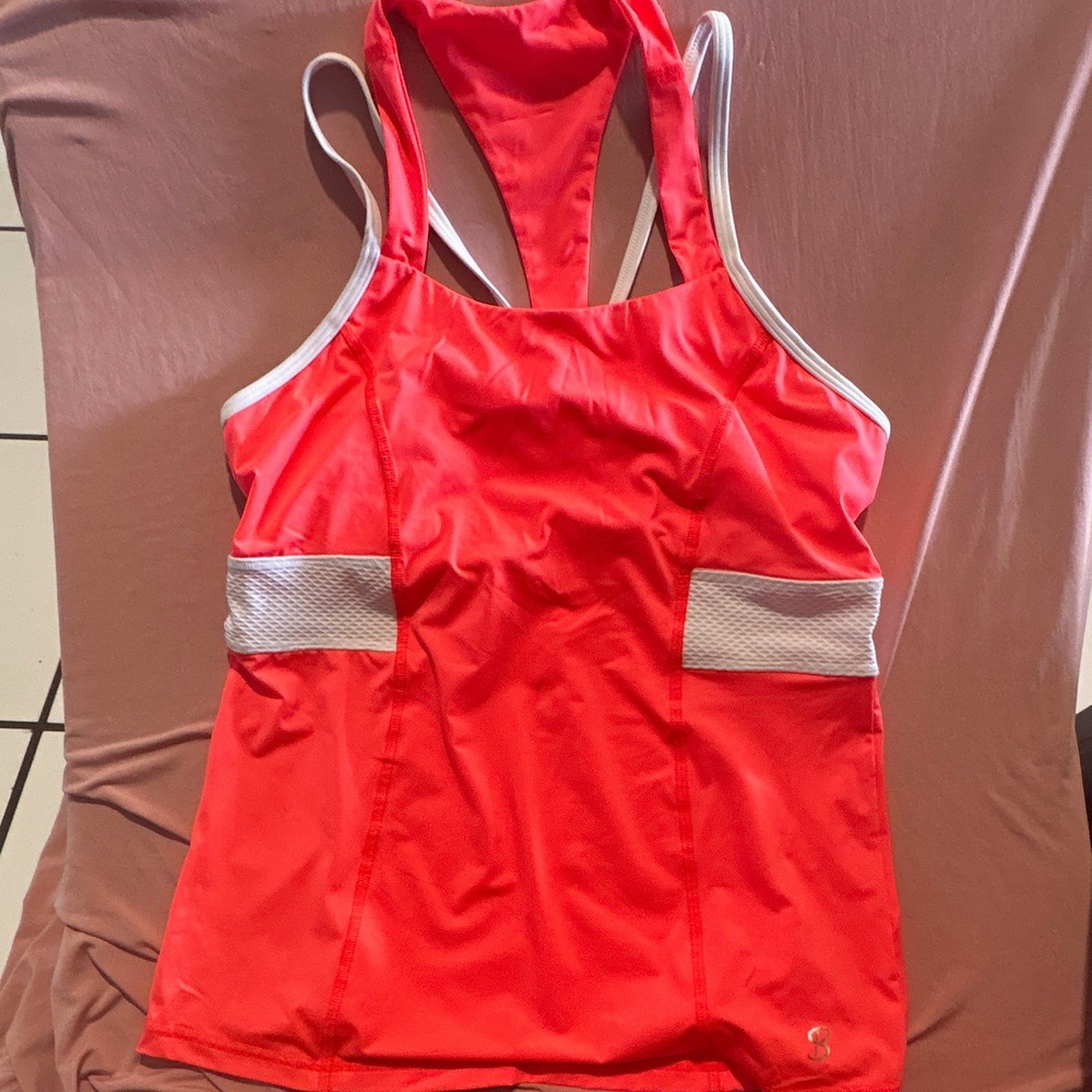 Sofibella Womens Orange White Racerback Mesh Tennis Tank Top Built-in Bra Size M